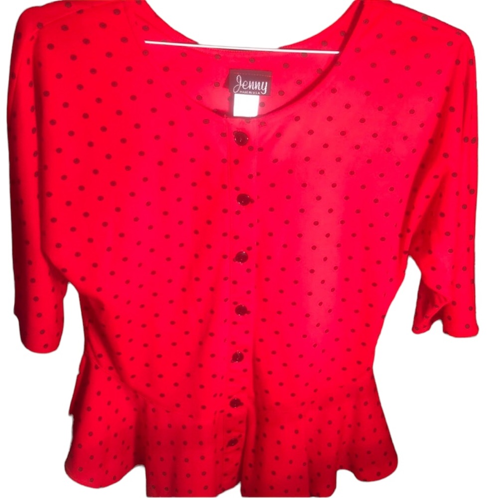 Woman’s Y2k red & black retro office siren Vintage USA Polkadot Jenny blouse